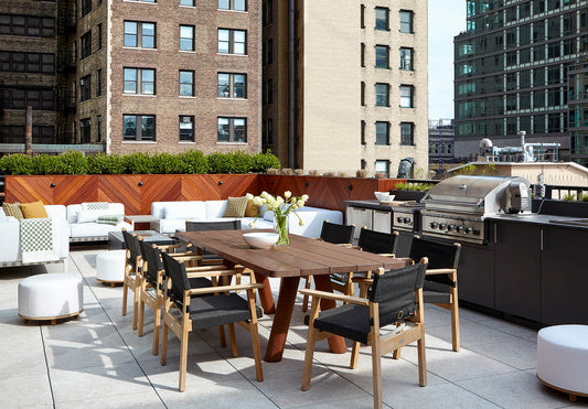 Interior: Cochineal Design.  Photographer: Joshua McHugh || Outdoor Angled Leg Dining Table